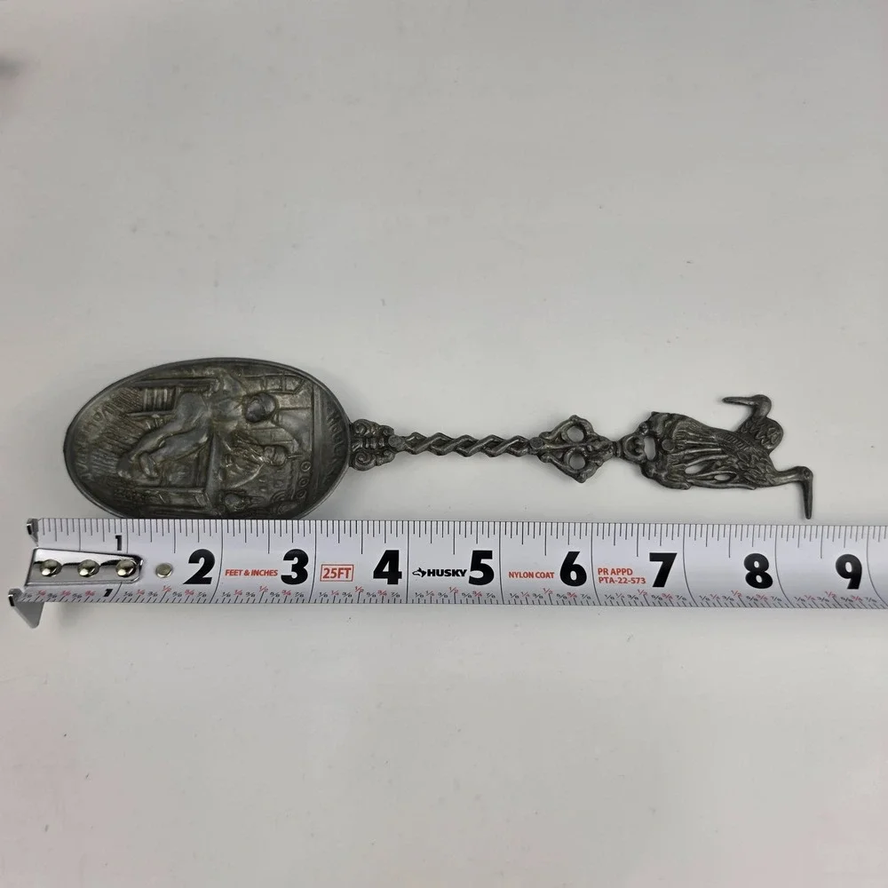Antique Dutch Pewter Souvenir Spoons Set of 4 Volendam Holland Stork Tavern Scen